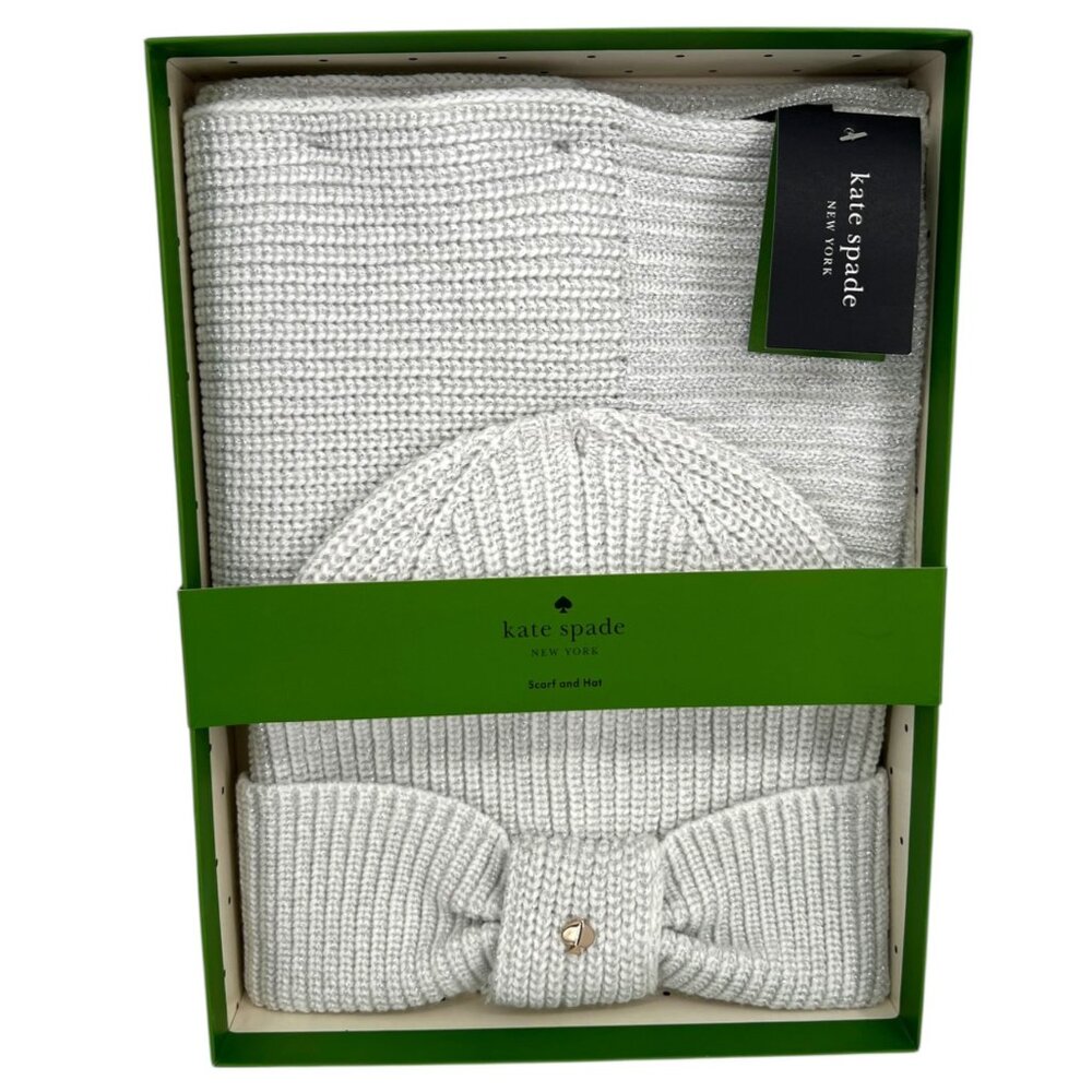 Kate Spade Metallic Knit Scarf Hat Two Piece Set Cream Silver NWT